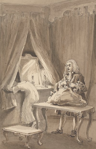Hogarth, Karısı Yeni Bir Gecelik Giydikten Sonra, Sir James Thornhill'e Göndermek üzere Eşyalarını Bir Mektupla Bağlar ve İçinde "Kızını Önlüğü Olmadan A-e'ye Götürdü" by John Thomas Smith