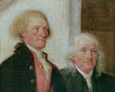 Drafting the Declaration of Independence, 28th June 1776, detail of Thomas Jefferson (1743-1826) and Benjamin Franklin (1706-90) c.1817  (detail of 702745) by John Trumbull