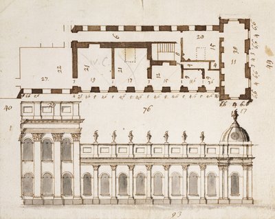 Castle Howard, Yorkshire: Güney veya Bahçe Cephesinin Yükselişinin Üç Koyları için Erken Tasarım ve Yer Planının İç Kısmı ile dokuz Körfez tek katlı alt yan kanatlar, c.1699 (kalem by John Vanbrugh