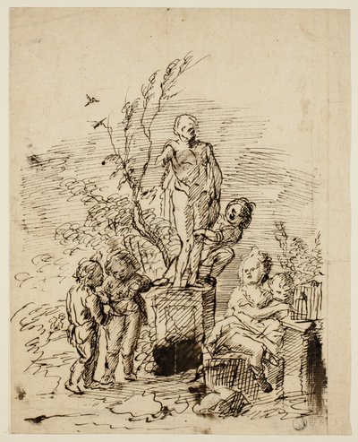 Bahçede Heykelin Yanında Oynayan Çocuklar by John Vanderbank