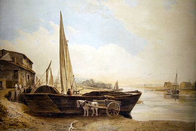 Boşaltma için karaya oturmuş bir Thames mavnası (kağıt üzerinde kurşun kalem izleri olan suluboya) by John Varley