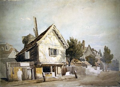 Eski evlerin olduğu bir sokak, ötesinde bir yel değirmeni (kağıt üzerine suluboya) by John Varley