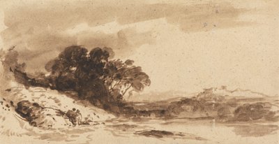 İki Figürlü Nehir Manzarası, Göl ve Uzak Dağlar by John Varley
