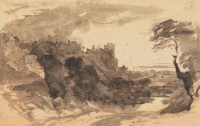 Sağda Kale ve Ağaç Olan Romatik Manzara by John Varley