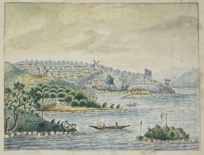 Ekle. 13880, f.79 Bir İngiliz kolonisinden bir görünüm. Ön planda, bir kanodaki yerliler, Minerva nakliyesinde tutulan bir Journal