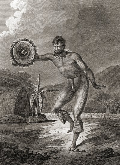Geleneksel kostümlü dövmeli bir dansçı, Hawaii, 1778 by John Webber