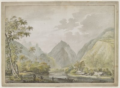 Ön planda bir kanoda iki Tahitili ve kıyıda iki kişiyle birlikte Vaitepiha Nehri