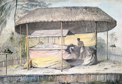 Gölgelik altında ölen cenaze, Tahiti, Society Adaları, John Webber (1750-1793) tarafından suluboya, Kaptan James Cook