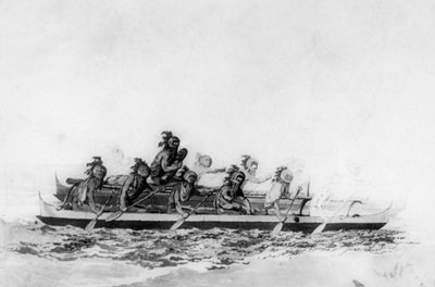 Çift kanoda maskeli Hawaiililer, c1770-1793. by John Webber
