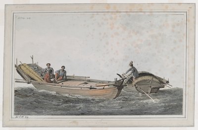 Birinde üç, diğerinde iki figür bulunan iki küçük tekne. by John Webber
