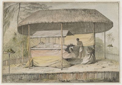 Oheitepeha Şefi Waheiadooa, eyalette yatıyor, Kaptan Cook tarafından 19 Ağustos 1777'de Tahiti'ye yaptığı ziyaret sırasında kaydedildi. Çim çatılı bir tente ile korunurlar ve alçak bir p ile çevrilidirler. by John Webber