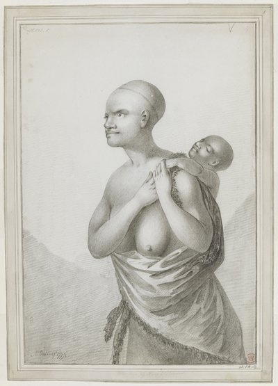 [Tam çizim] Sırtında bir çocuk taşıyan, sol omzundan beline bir deri sarkan Tazmanyalı bir kadın. Ocak 1777 by John Webber