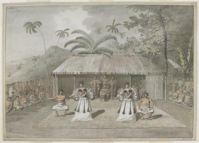 [Tüm çizim] Otaheite'de [Tahiti] bir dans ya da heiva. İki erkek ve iki kadın dans ediyor, arkada davulcular ve her iki tarafta seyirciler. Eylül 1777 by John Webber