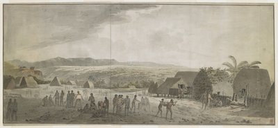 [Tüm çizim] Kaptan Cook'un Ocak 1778'de Waimea, Atooi [Kauai] köyüne yaptığı ziyaretin çizimi. Bazı adamlar fıçıları yuvarlıyor, diğerleri ise Hawaiililerle takas yapıyor. Sağda, bir direğe gerilmiş bir domuz taşıyan iki yerli. Arkalarında yerli ku by John Webber