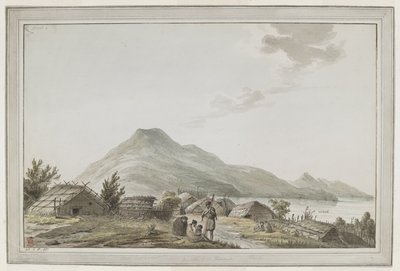 [Tüm çizim] Queen Charlotte Sound'daki Motuara'nın güneybatı noktasındaki Hippah veya müstahkem köyün görünümü. Manzara, arka planda Motuara ile kuzeye bakıyor. Çizim, Kaptan Cook'un 15 Şubat 1777'deki ziyaretinden kaynaklanmış olabilir. by John Webber