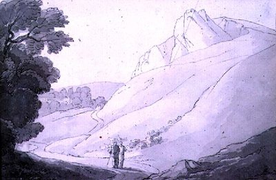 İki figürlü (kalem, mürekkep ve sulu boya) tepelik bir manzara by John White Abbott