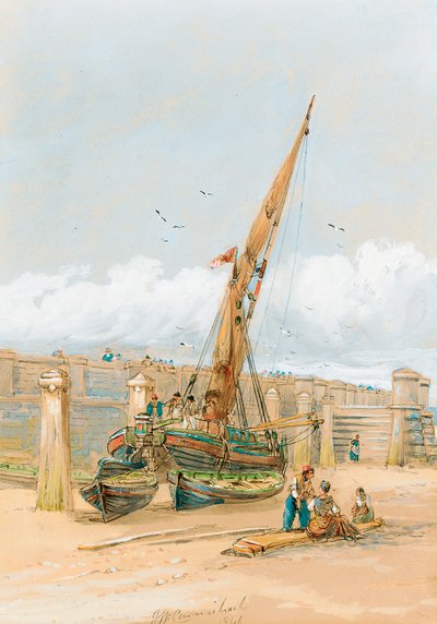 Kıyıya vurmuş bir geminin önünde dedikodu yapan balıkçılar, 1846 by John Wilson Carmichael