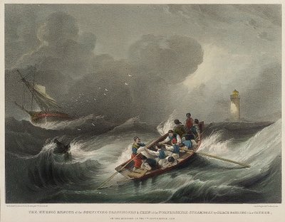 Forfarshire buharlı gemisinin yolcu ve mürettebatının 7 Eylül sabahı Grace Darling ve babası tarafından kahramanca kurtarılması by John Wilson Carmichael