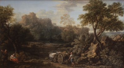 Ormanlık Bir Manzarada Öküz Arabalı Bir Rustik ve Diğer Gezginler, c.1740 (tuval üzerine yağlıboya) by John Wootton