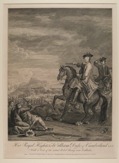 H.R.H. William (1721-65) Cumberland Dükü, Culloden yakınlarındaki bozguna uğramış ordunun bir görünümü ile, 1746, B. Baron tarafından yayınlandı, 1747 by John Wootton