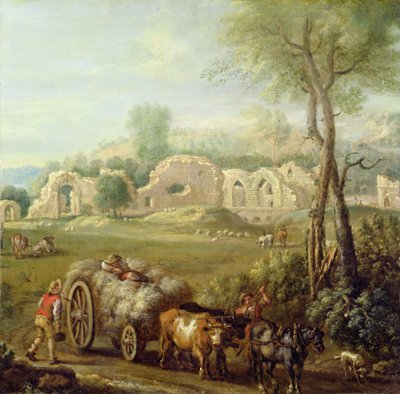 Haycart Harap Bir Manastırdan Geçerken, yaklaşık 1740-50 (tuval üzerine yağlı boya) by John Wootton
