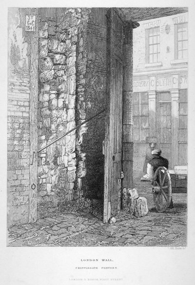 Cripplegate Postern, St Giles kilisesinde, Cripplegate olmadan, London Wall, Londra, 1851. by John Wykeham Archer