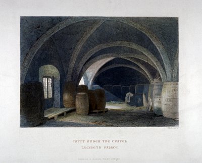 Lambeth Sarayı, Londra, 1851'deki şapelin altındaki fıçılarla dolu kript. by John Wykeham Archer