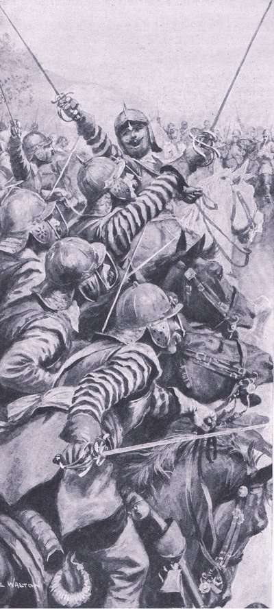 Edgehill savaşında süvari katılımı, 23 Ekim 1642, İngiliz Kara ve Deniz Savaşlarından bir çizim, 1915 by John de Walton