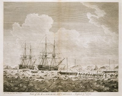 'Yarış Atı' ve 'Karkas'tan Bir Görünüm, 7 Ağustos 1773, 'Majestelerinin Komutanlığı 1773 Tarafından Üstlenilen Kuzey Kutbuna Doğru Bir Yolculuk'tan, 1774'te yayınlandı by John the Younger Cleveley