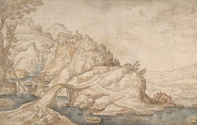 Nehir, Köprü ve Solda İki Figürlü Evler ile Tepelik Manzara, 16. yüzyılın sonu - 17. yüzyılın ortası. by Joos de Momper the Younger.
