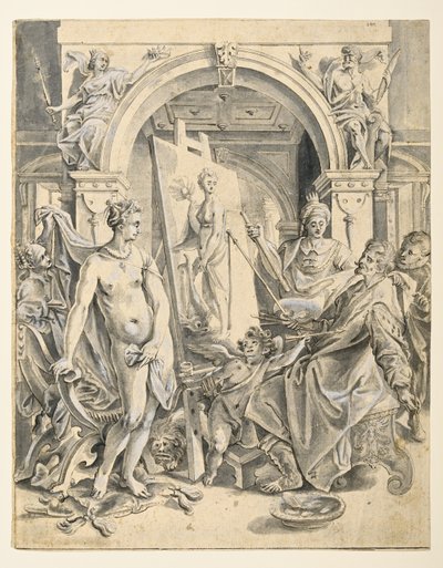 Apelles boyama Campaspe (kalem ve kahverengi mürekkep, gri yıkama, serilmiş kağıt üzerinde beyaz gövde rengi) by Joos or Jodocus van (after) Winghe