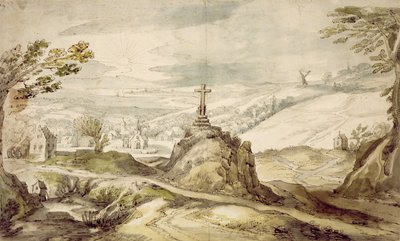 Haçlı Dağlık Manzara (kağıt üzerinde kalem, yıkama ve klozet) by Joos or Josse de Momper