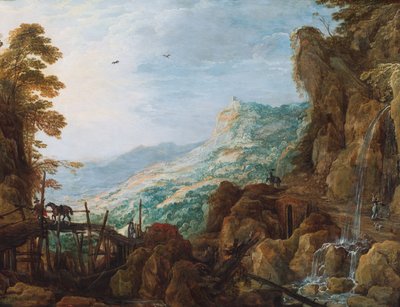 Köprü üzerinde bir atlı ve bir şelale ile kayalık dağlık bir manzara (panel üzerine yağlıboya) by Joos or Josse de The Younger Momper
