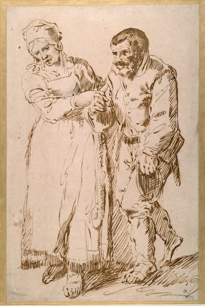 Karısının rehberliğinde yaşlı bir köylünün adımları (kağıt üzerinde tebeşirle kalem ve mürekkep) by Joos van (attr. to) Craesbeeck