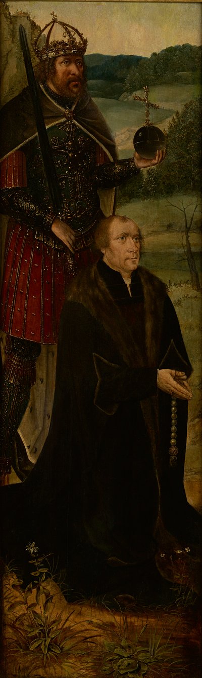 Kral Konstantin ve bir bağışçı; bir sunağın bir kanadı (panelde yağ) by Joos van (follower of) Cleve