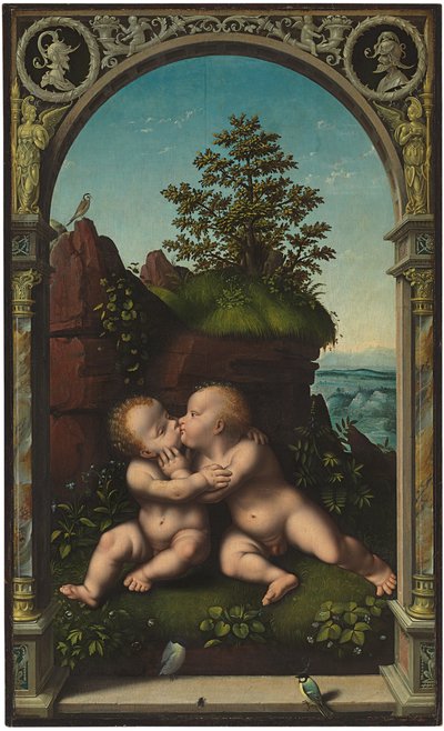 Bebek İsa ve Vaftizci Yahya, klasik bir kemerle çevrili bir manzarada kucaklaşan çocuklar olarak by Joos van Cleve