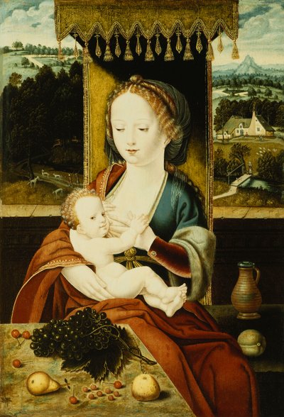 Madonna ve Çocuk, Bir Gölgelik Altında, Meyveli Bir Masada, Bir Manzarada, by Joos van Cleve