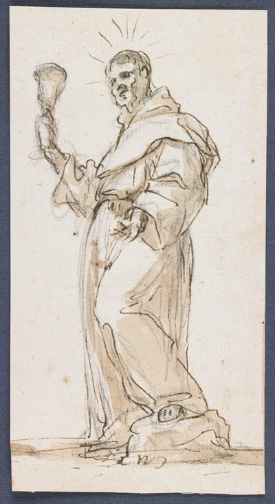 Ayakta duran Erkek Aziz, Kadeh Tutarak, 17. yüzyılın sonları (siyah tebeşir üzerine kalem ve kahverengi mürekkep ve yıkama) by Jorge Preu