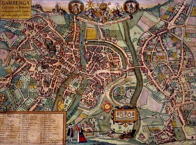 Bamberg Haritası, Georg Braun (1541-1622) ve Frans Hogenberg (1535-90) c.1572-1617 (renkli gravür) tarafından 