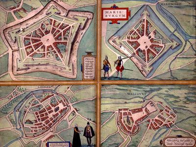 Philippeville, Mariembourg, Chimay ve Walcourt haritaları, Georg Braun (1541-1622) ve Frans Hogenberg (1535-90) c.1572-1617 (renkli gravür) tarafından 
