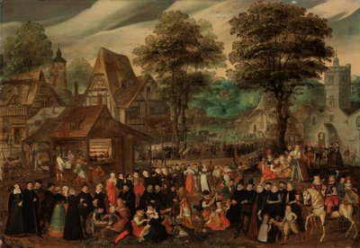 Alayda zarif giyimli figürler, ötesinde bir nehir ve kule ile bir köy festivali by Joris Hoefnagel
