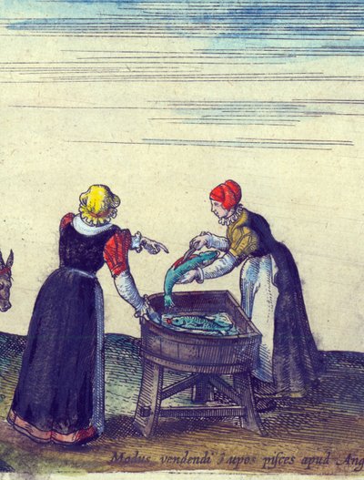 Turna satan ve bağırsaklarını çıkaran balık kadınları, 1598 el renkli bakır oyma detayı 324184 by Joris Hoefnagel