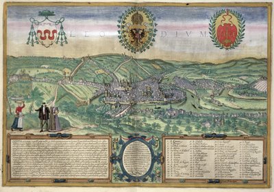 Georg Braun (1541-1622) ve Frans Hogenburg (1535-90), c.1572 tarafından yazılan 'Dünya Şehirleri'nden Liege Haritası by Joris Hoefnagel
