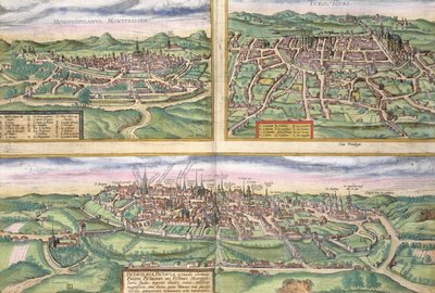 Montpellier, Tours ve Poitiers Haritası, Georg Braun (1541-1622) ve Frans Hogenberg (1535-90), c.1572 tarafından yazılan 