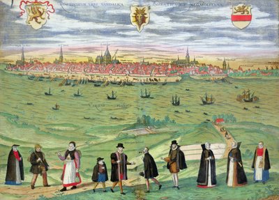 Georg Braun (1541-1622) ve Frans Hogenberg (1535-90) c.1572-1617 tarafından yazılan 'Civitates Orbis Terrarum'dan Rostock Haritası by Joris Hoefnagel
