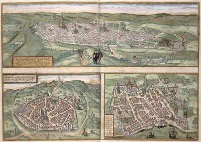 Georg Braun (1541-1622) ve Frans Hogenberg (1535-90), c.1572 tarafından 'Dünya Şehirleri'nden Rouen, Nimes ve Bordeaux Şehir Planları by Joris Hoefnagel