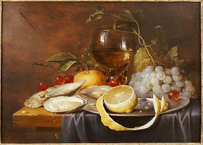 Roemer, Kalaylı Tabakta Soyulmuş Yarım Limon, Dökümlü Masada İstiridye, Kiraz ve Portakal by Joris van Son