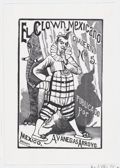 Bir eli kalçasında duran bir palyaço ve arkadan bakan bir fil..., ca. 1880-1910. by José Guadalupe Posada