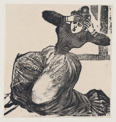 Elleri kafasına kaldırılmış, yerde nefes nefese bir kadın, bir bordadan..., 1893. by José Guadalupe Posada