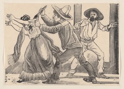 "Cinayet..., 1891" başlıklı bordadan bir kadını kolundan yakalayan ve bıçaklayan bir adam. by José Guadalupe Posada